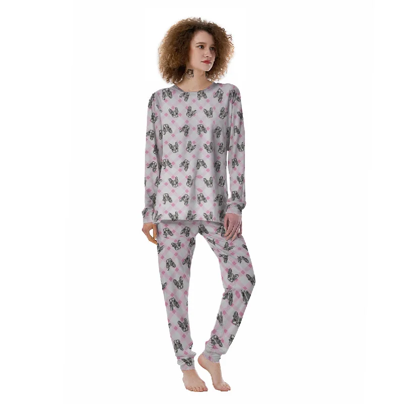 Boston Terrier Pink Plaid Print Pattern Women's Pajamas Spa pajama sets