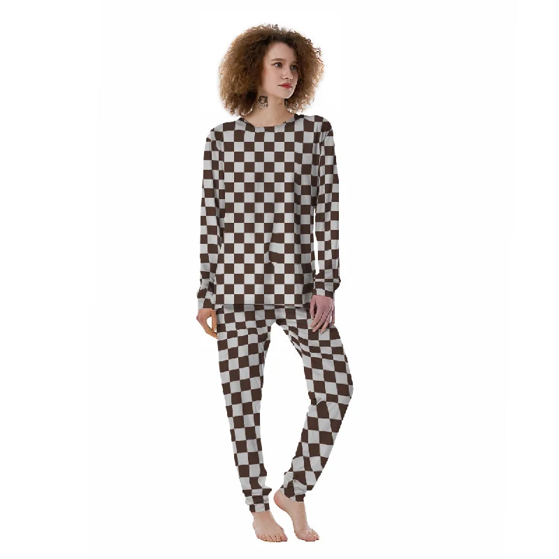 Brown Checkered Flag Print Women's Pajamas High-end pajama sets