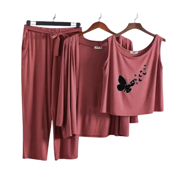 Flying Butterfly Women Night Suit PJ 3 Pieces Set Warm pajama sets