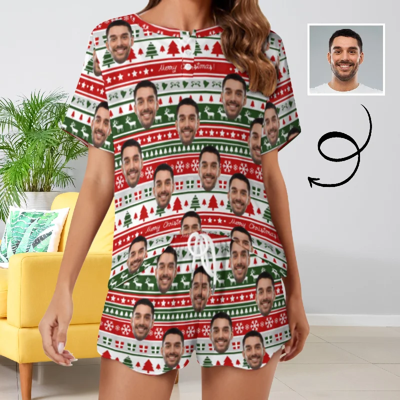 Custom Face Christmas Red&Green Stripe Print Pajama Set Women's Short Sleeve Top and Shorts Loungewear Athletic Tracksuits Elegant pajama sets