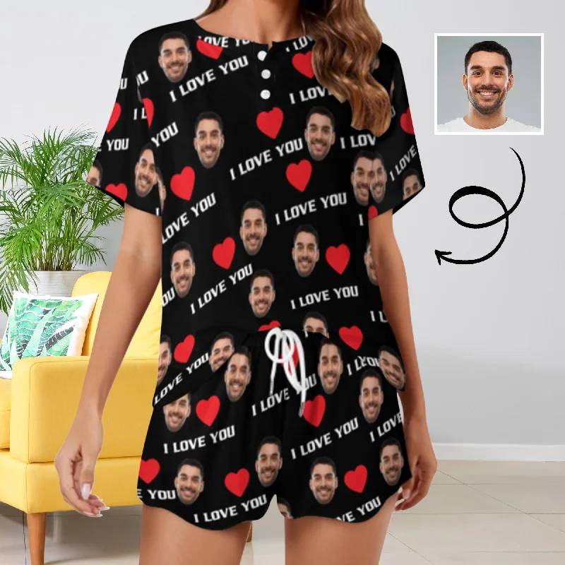 Custom Face I Love You&Heart Print Pajama Set Women's Short Sleeve Top and Shorts Loungewear Athletic Tracksuits Best pajama sets for hot sleepers