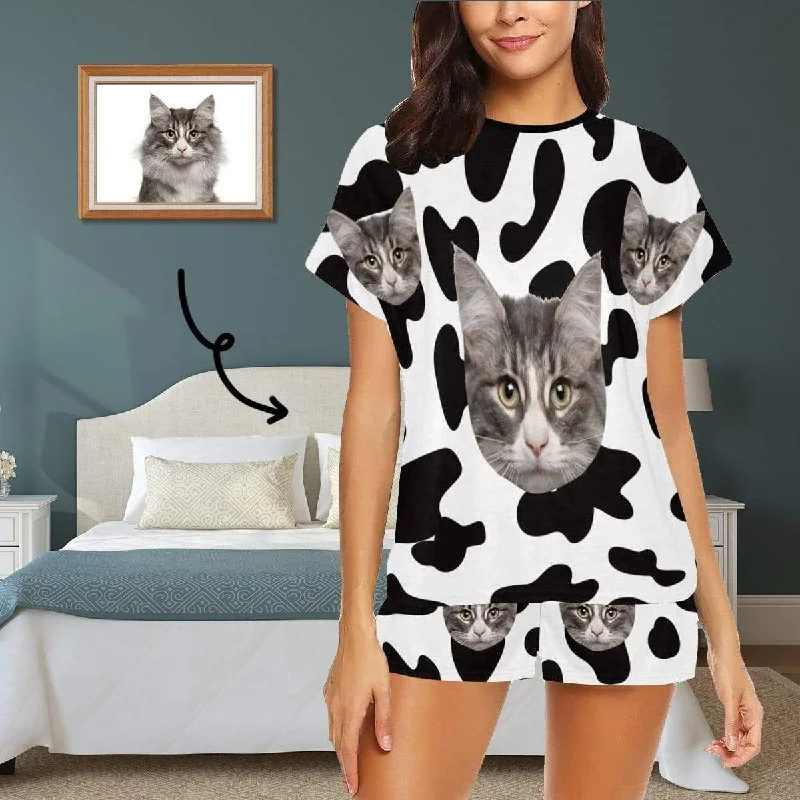 Custom Face Pajamas Cow Kitty Sleepwear Personalized Women's Short Pajama Set Pet Lover Gift Best pajama sets for lounging