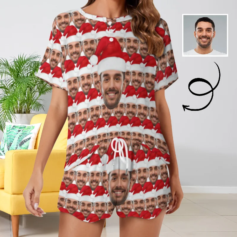 Custom Face Seamless Christmas Hat Print Pajama Set Women's Short Sleeve Top and Shorts Loungewear Athletic Tracksuits Jogger pajama sets