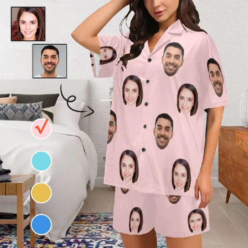 Custom Face Pajama Set Solid Color Loungewear Personalized Photo Sleepwear Women's V-Neck Short Pajama Set Travel pajama sets