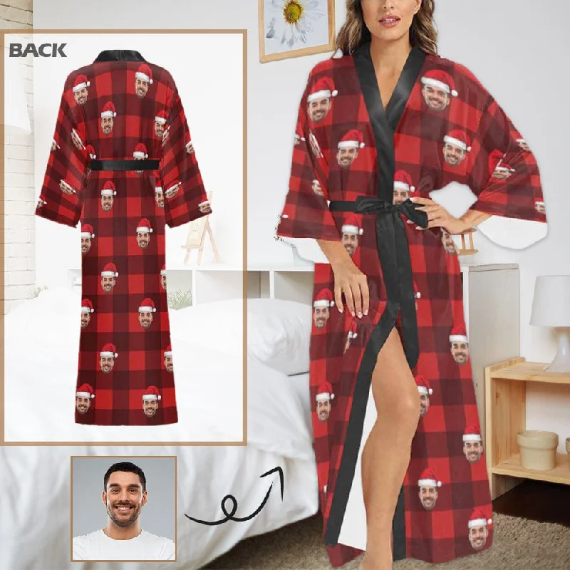 Custom Face Women's Long Pajamas Red Grid Personalized Photo Long Pajamas Kimono Robe for Christmas Couple pajama sets