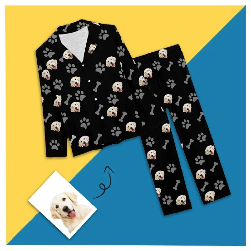 Custom Pet Face Pajamas Dog Paw Black Background Sleepwear Personalized Women's Long Pajama Set Maternity pajama sets