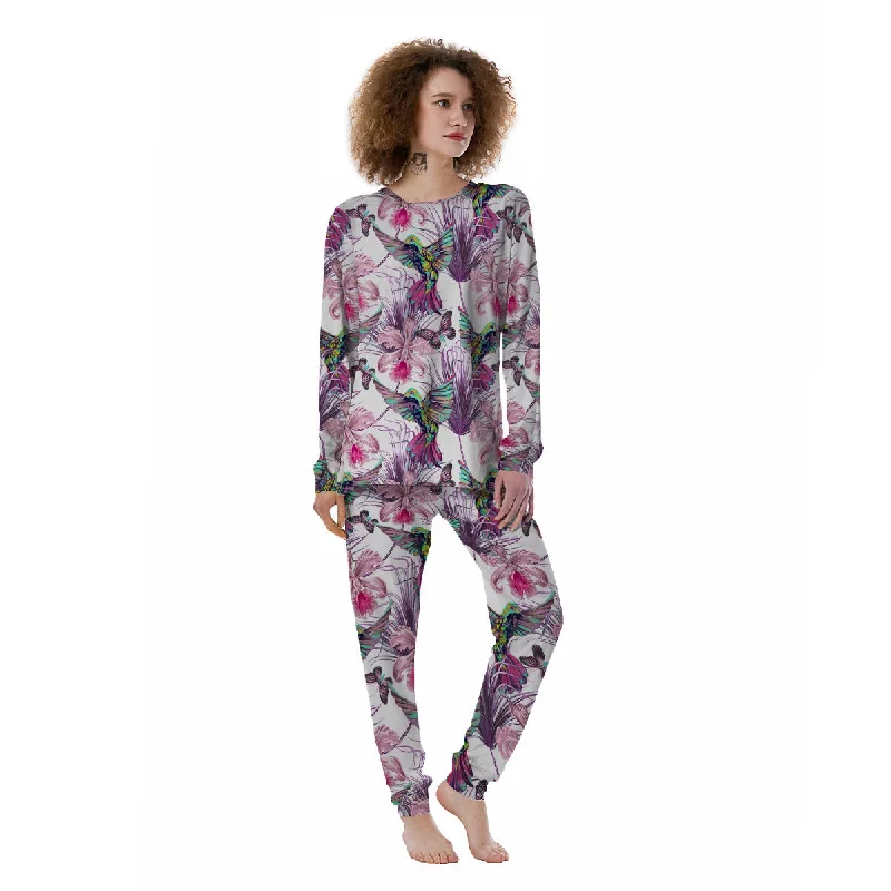 Hummingbird And Pink Flowers Print Women's Pajamas Pajama sets with pockets