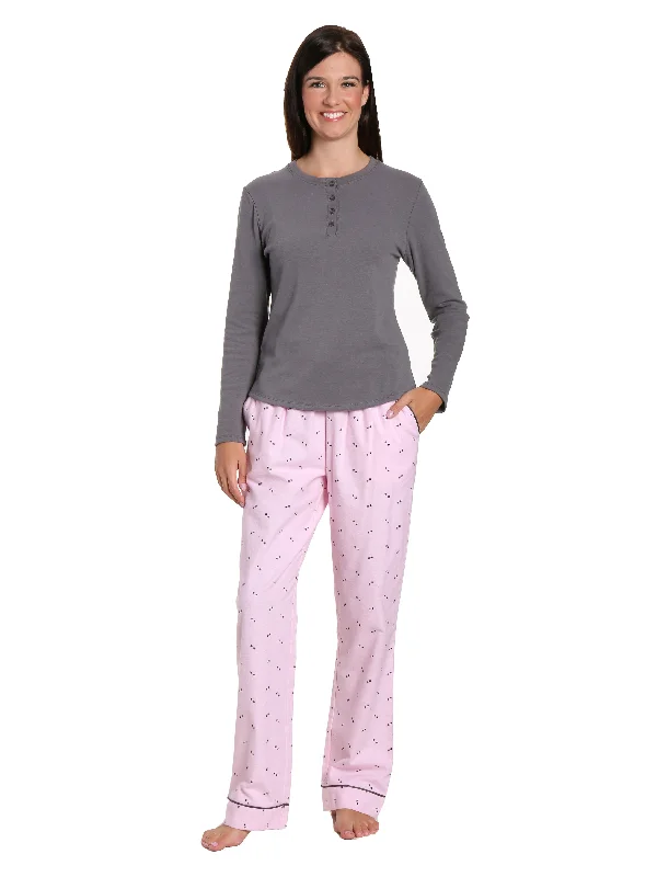 Womens Premium Cotton Flannel Loungewear Set - Twinkle Pink-Grey Polyester pajama sets