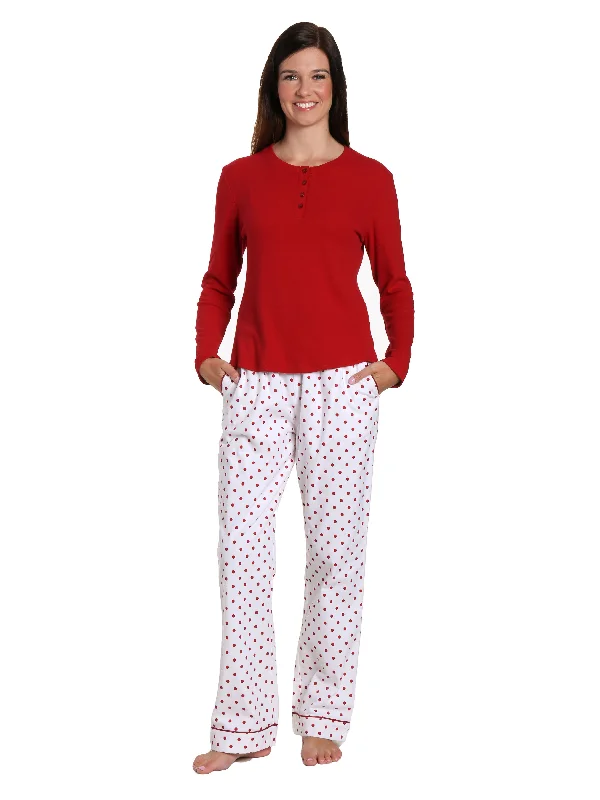 Womens Premium Cotton Flannel Loungewear Set - Dots Diva White-Red Party pajama sets