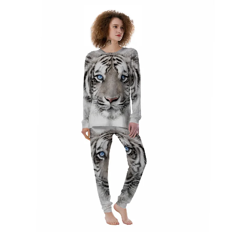 Portrait White Tiger Print Women's Pajamas Cozy pajama sets