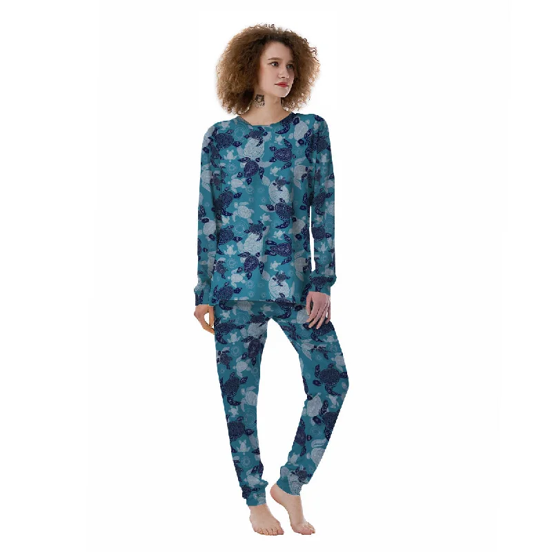 Turtle Blue And White Print Pattern Women's Pajamas Spring pajama sets