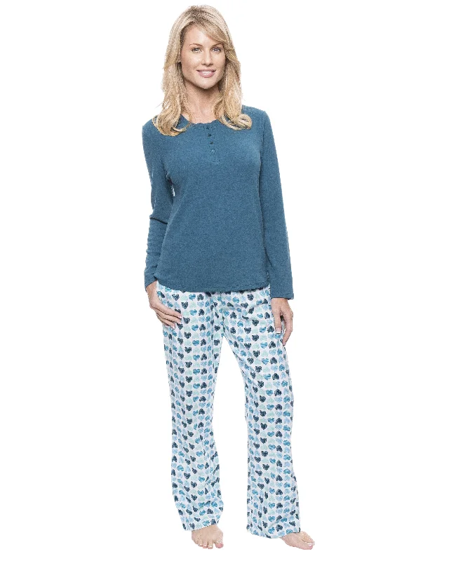 Womens Cotton Flannel Lounge Set with Henley Top - Scribbled Hearts White/Blue High-end pajama sets