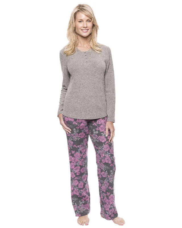 Womens Cotton Flannel Lounge Set with Henley Top - Floral Grey/Pink Best pajama sets for sensitive skin