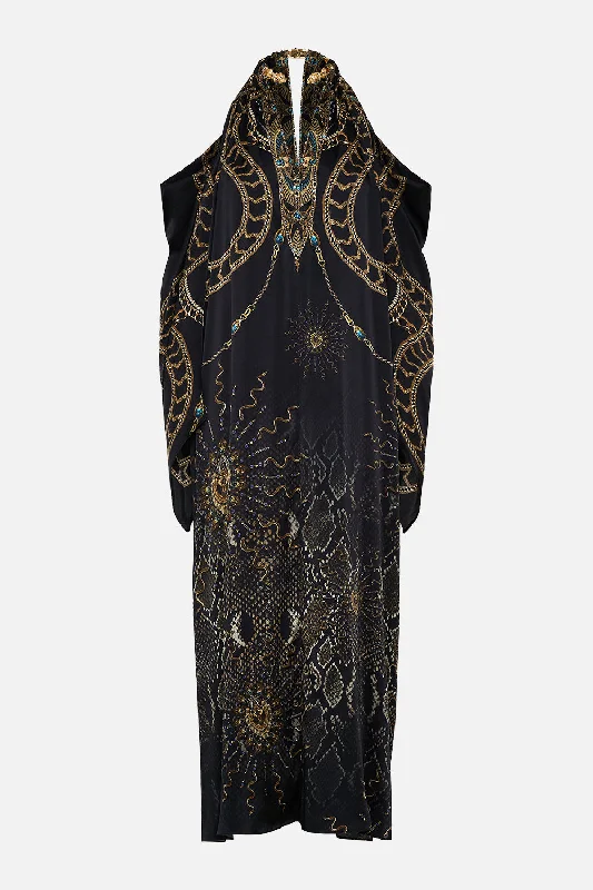 FLARED SLEEVE COLD SHOULDER LONG KAFTAN CALL ME CLEOPATRA Cozy Satin Gown