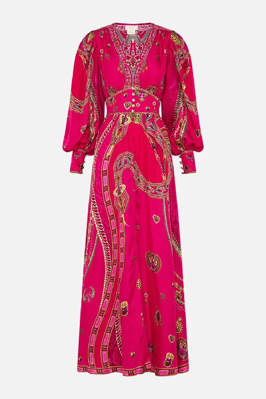 SHAPED WAISTBAND DRESS WITH GATHERED SLEEVES KISSED BY A COBRA Soft Satin Robe