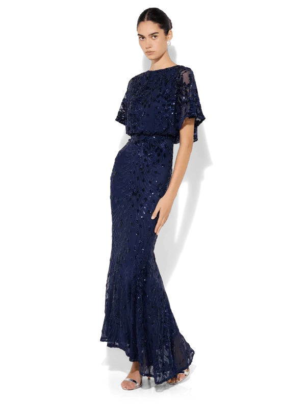 Aria Navy Sequin Maxi Bridal Satin Gown