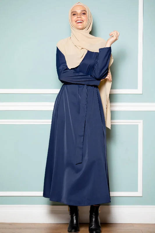 Navy Long Sleeve Abaya Dress-CLEARANCE Soft Satin Robe