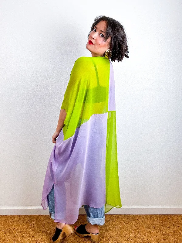 SILK Color Block Midi Caftan Dress Chartreuse Lavender Bridal Night Robe