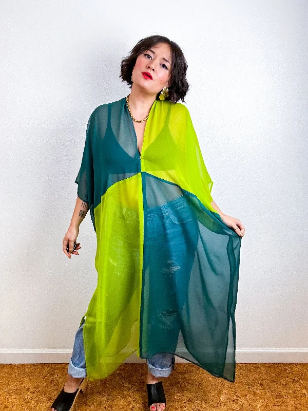 SILK Color Block Midi Caftan Dress Chartreuse Teal Chic Bridal Gown