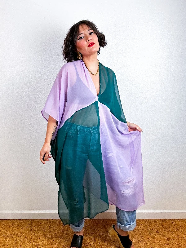 SILK Color Block Midi Caftan Dress Teal Lavender Soft Lace Robe