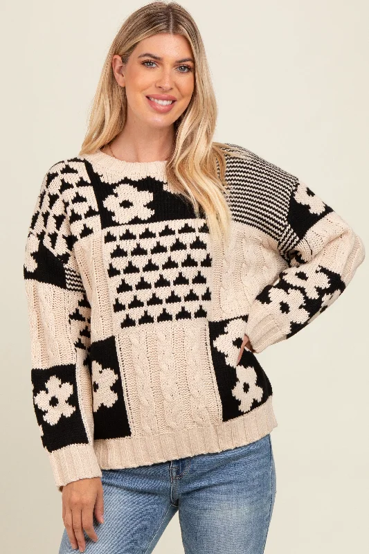 Beige Floral Mixed Print Cable Knit Sweater College sweaters