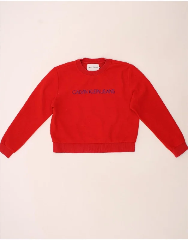 CALVIN KLEIN JEANS Womens Oversized Crop Sweatshirt Jumper UK 10 Small Red Silk-blend sweaters