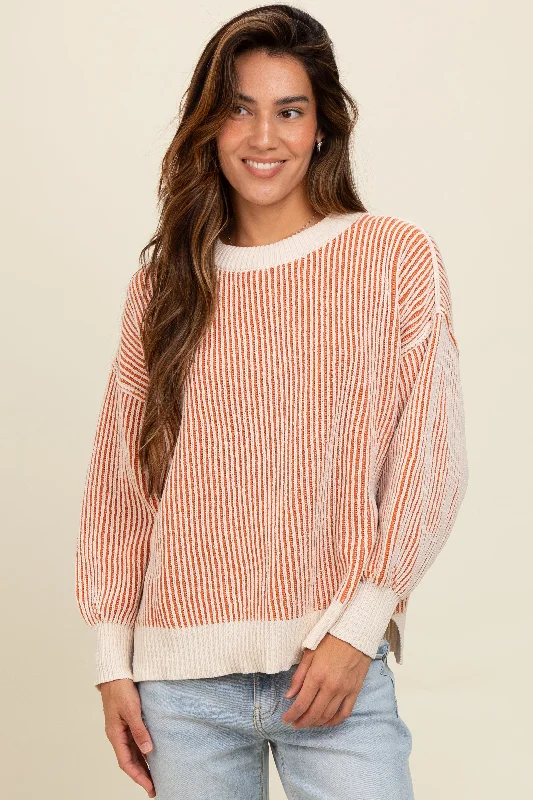 Camel Ribbed Balloon Sleeve Sweater V-neck sweaters