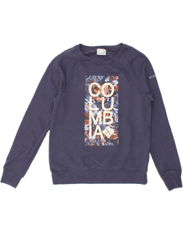 COLUMBIA Womens Graphic Sweatshirt Jumper UK 6 XS Navy Blue Cotton Edgy sweaters