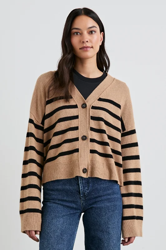 GENEVA CARDIGAN - CAMEL BLACK STRIPE Best sweaters for cozy nights