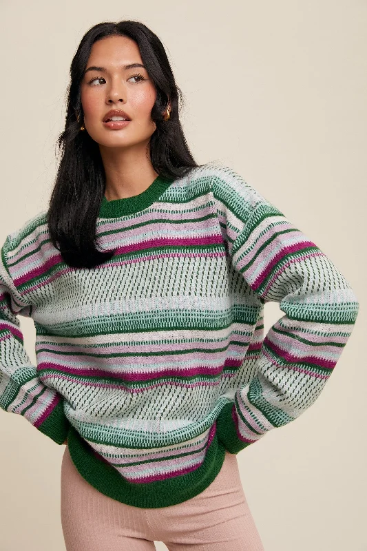 Green Multi Stripe Crew Neck Sweater Cozy knit sweaters for winter