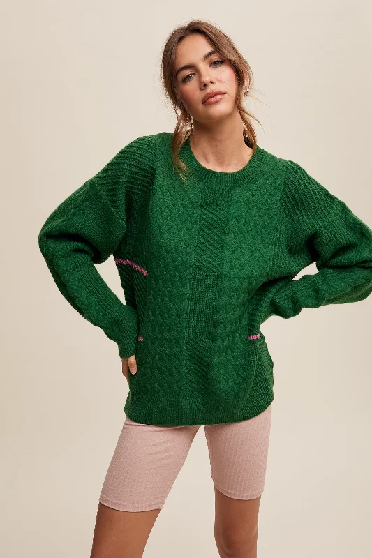 Green Striped Mixed Cable Knit Sweater Mohair sweaters