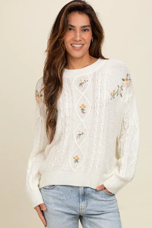 Ivory Embroidered Flower Cable Knit Sweater Turtleneck sweaters