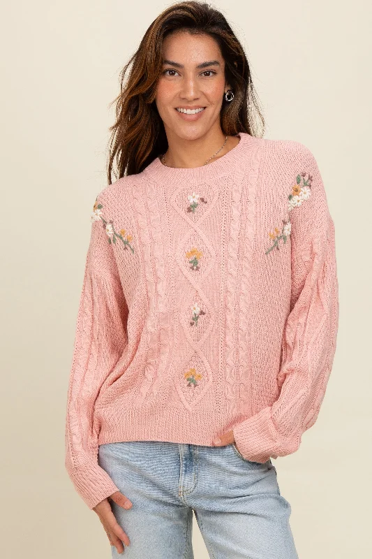 Mauve Embroidered Flower Cable Knit Sweater Premium sweaters