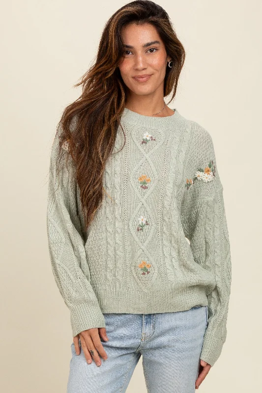 Mint Green Embroidered Flower Cable Knit Sweater Office sweaters