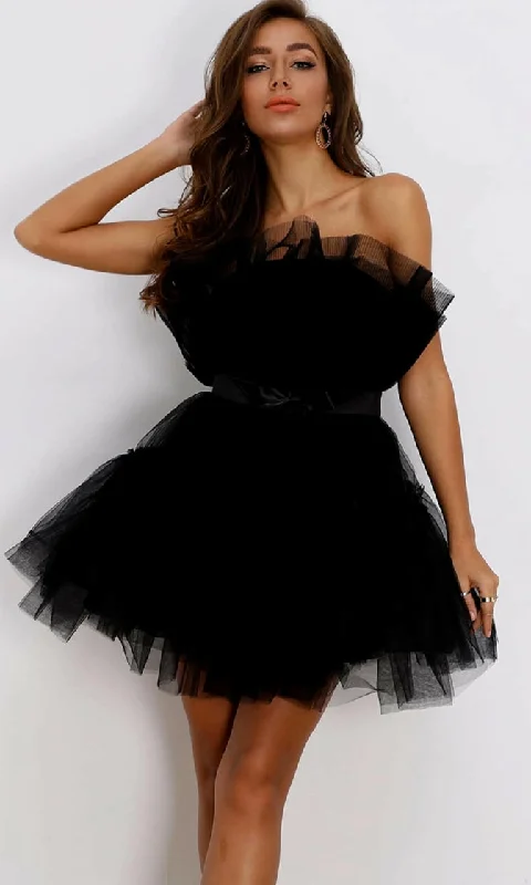 Birthday Girl<br><span>Puffy Black Strapless Satin Bow Elastic Belt Crinkled Micro Pleated Ruffle Tulle Poofy Skater Flare Mini Dress</span> Best mini dresses for date night