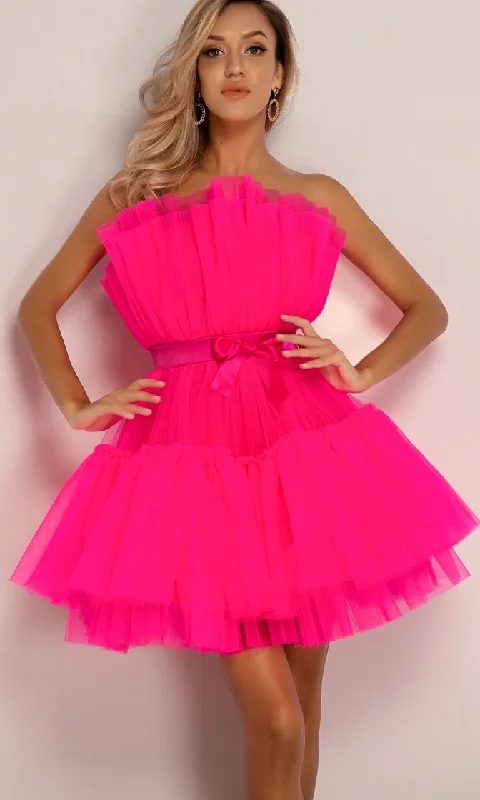 Birthday Girl<br><span>Puffy Fuchsia Pink Strapless Satin Bow Elastic Belt Crinkled Micro Pleated Ruffle Tulle Poofy Tutu Skater Flare Mini Dress</span> Flattering mini dresses for all body types