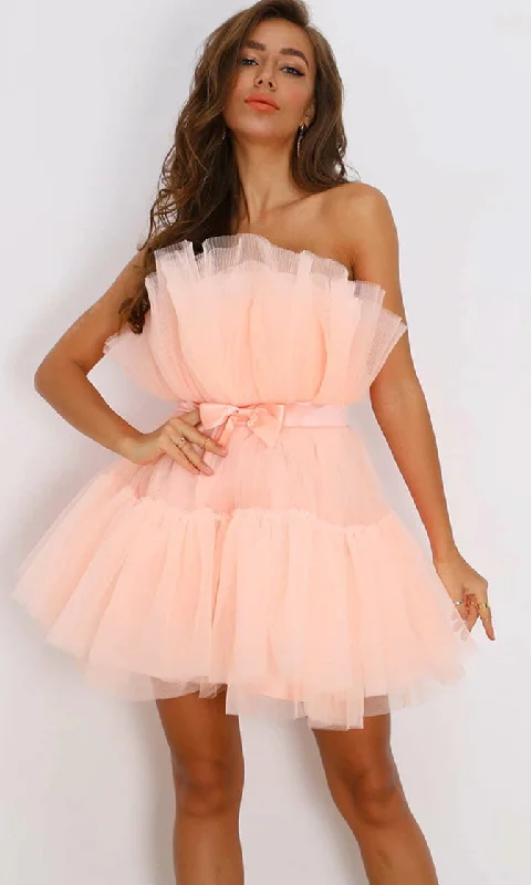 Birthday Girl<br><span>Puffy Light Pink Strapless Satin Bow Elastic Belt Crinkled Micro Pleated Ruffle Tulle Poofy Skater Flare Mini Dress</span> Satin mini dresses