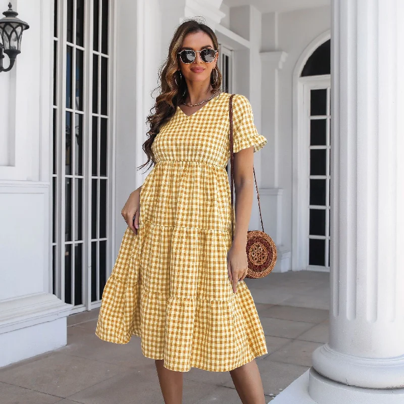 Bonny Pocketed Gingham Tie Front Babydoll Dress - Yellow Denim mini dresses