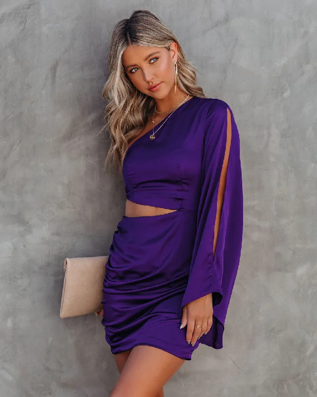 Caydan Satin One Shoulder Cutout Dress - Plum - FINAL SALE New Year's Eve mini dresses