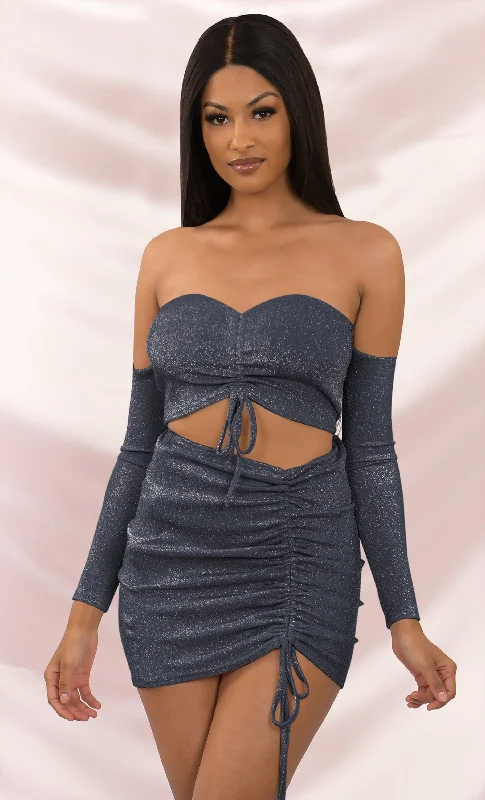 Dance With Me Dark Gray Off the Shoulder Lurex Glitter Ruched Tie Front Strapless Crop Top Mini Dress Set Chic mini dresses