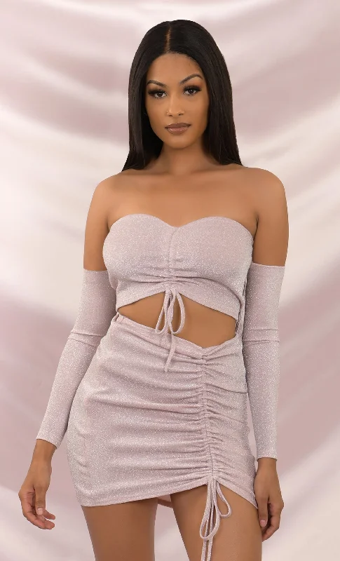 Dance With Me Beige Off the Shoulder Lurex Glitter Ruched Tie Front Strapless Crop Top Mini Dress Set Revolve mini dresses