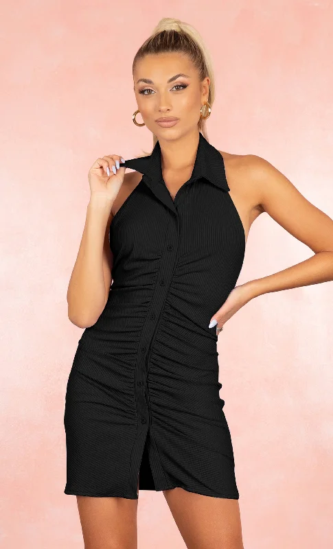 Girl Talk Black Collared Button Down Sleeveless V Neck Ribbed Backless Ruched Bodycon Mini Dress Formal mini dresses