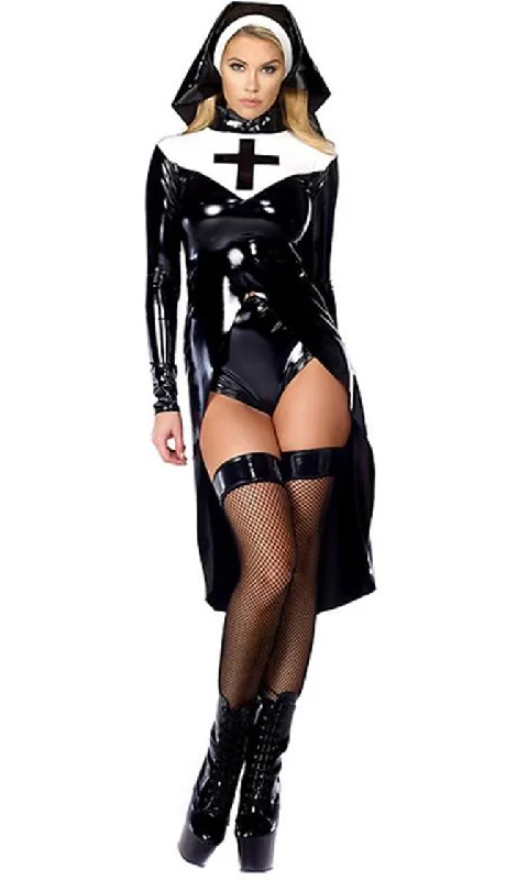 Nun Like Me<br><span>Black White Vinyl Long Sleeve Split Front Mini Dress Nun Costume</span> Tiered mini dresses