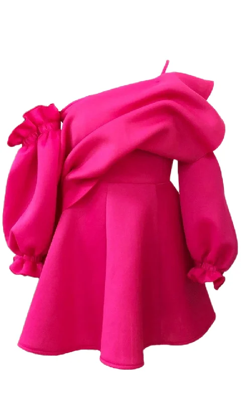 Runway Tease Fuchsia Pink Off The Shoulder Ruffle Lantern Sleeve One Shoulder Spaghetti Strap A Line Mini Dress Festival mini dresses