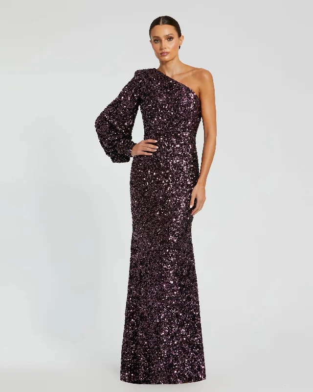 Purple Sequined One Shoulder Bishop Sleeve Trumpet Gown Wedding Dress Set