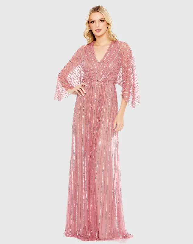 Beaded Striping Kimono Sleeve V Neck Gown Satin Lace Gown