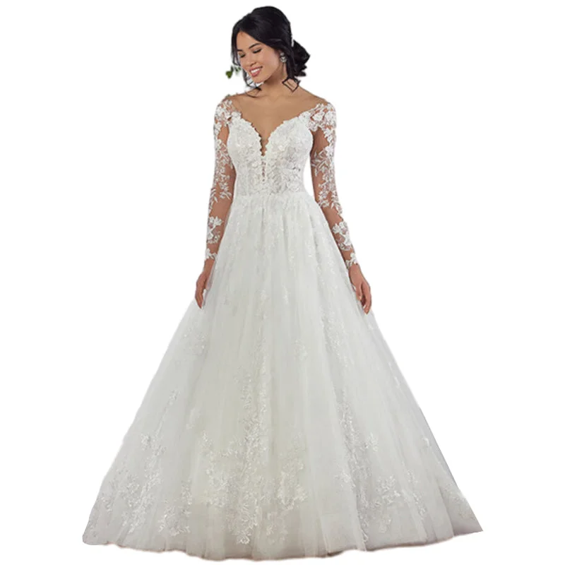 A-line Long Sleeve Lace Wedding Dress Sexy Backless Bridal Gown Elegant Bridal Gown