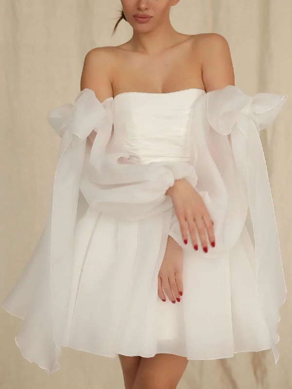 A-Line/Princess Off-The-Shoulder Bow Long Sleeves Mini Wedding Dress Classic Bridal Gown