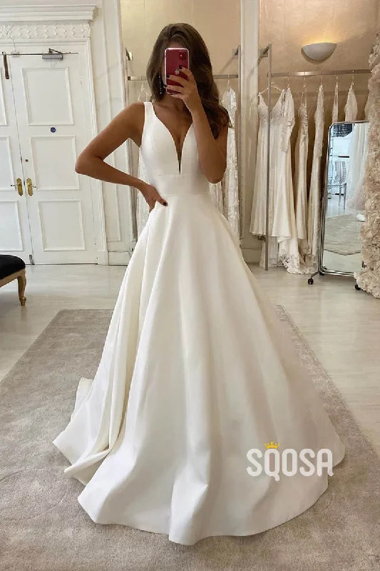 A-Line V-neck Ivory Satin Simple Wedding Dress Backless Bridal Gowns QW0946 Beaded Lace Wedding