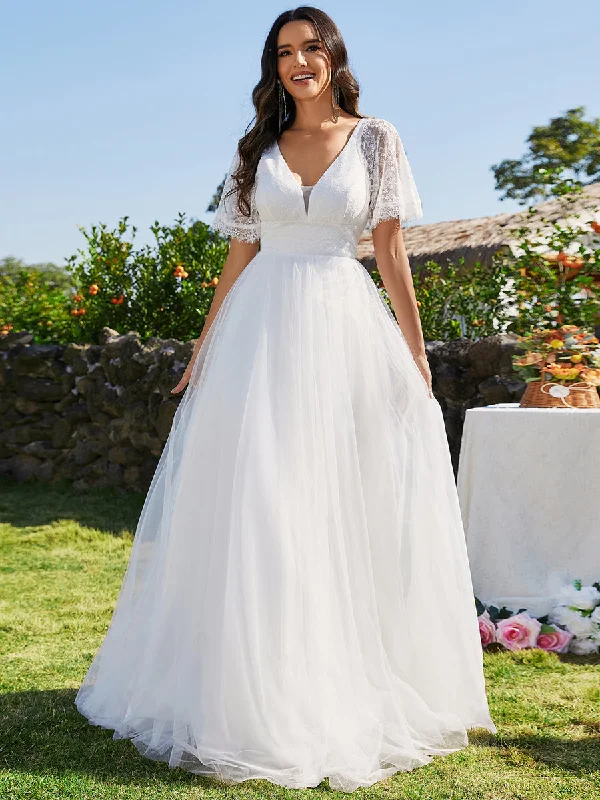 A-line V-Neck Lace Wholesale Wedding Dresses With Embroidery Soft Lace Gown